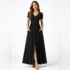 CW Clifford & Wills Black Maxi Dress Small V-Neck Front Slit Front Pockets(E21)✨